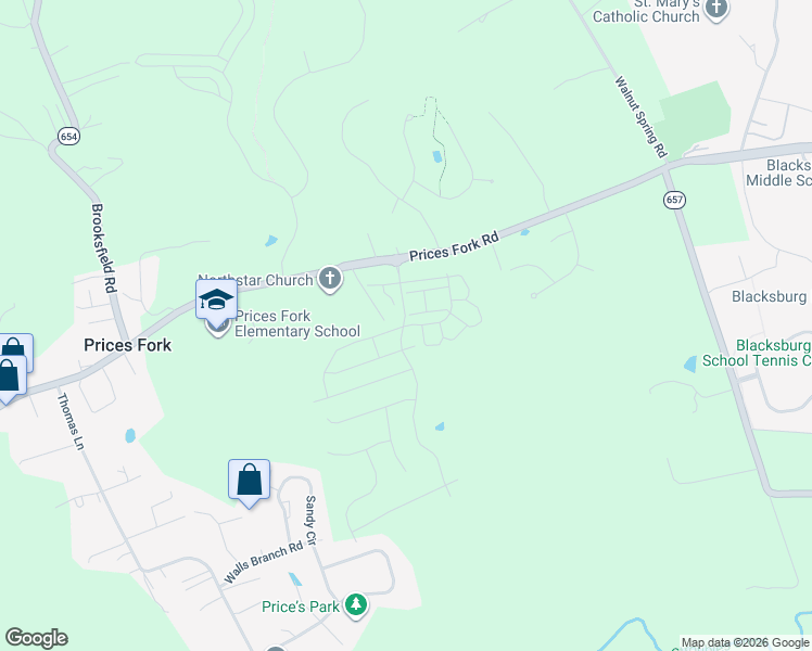 map of restaurants, bars, coffee shops, grocery stores, and more near 3871 Prices Fork Road in Blacksburg