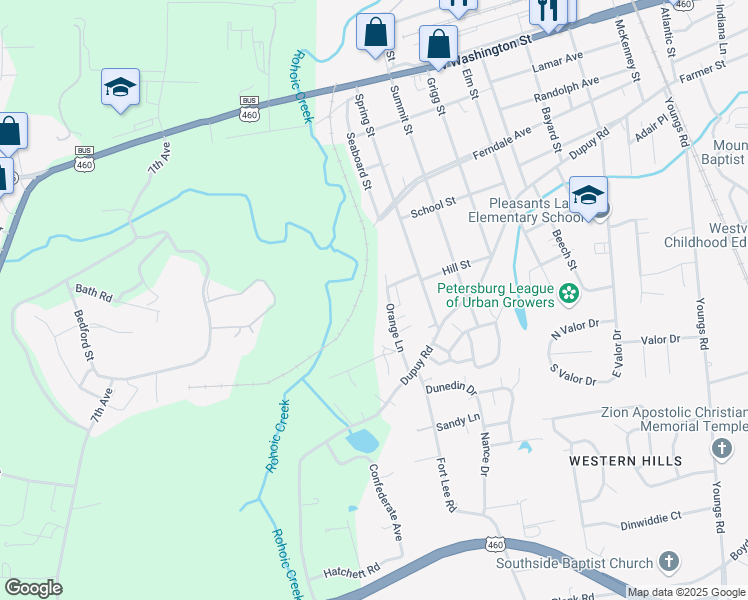 map of restaurants, bars, coffee shops, grocery stores, and more near 410 Orange Lane in Petersburg