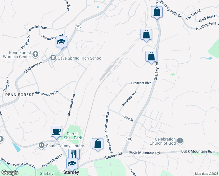 map of restaurants, bars, coffee shops, grocery stores, and more near 5529 Crestwood Drive in Cave Spring