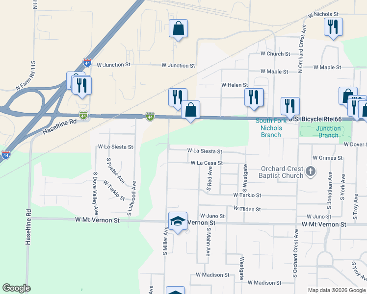 map of restaurants, bars, coffee shops, grocery stores, and more near 4515 West La Siesta Street in Springfield