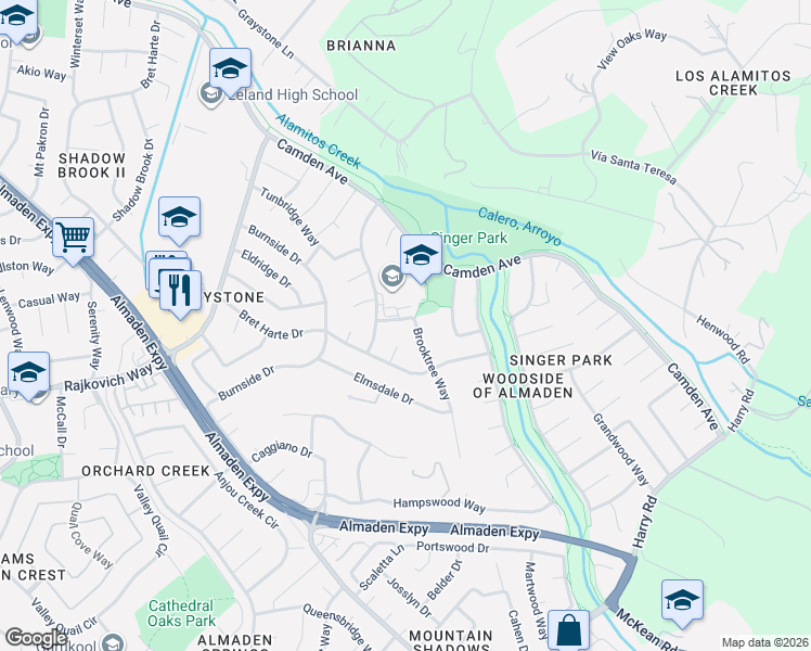map of restaurants, bars, coffee shops, grocery stores, and more near 7016 Brooktree Way in San Jose