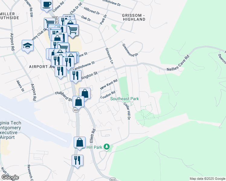 map of restaurants, bars, coffee shops, grocery stores, and more near 311 Loudon Road in Blacksburg