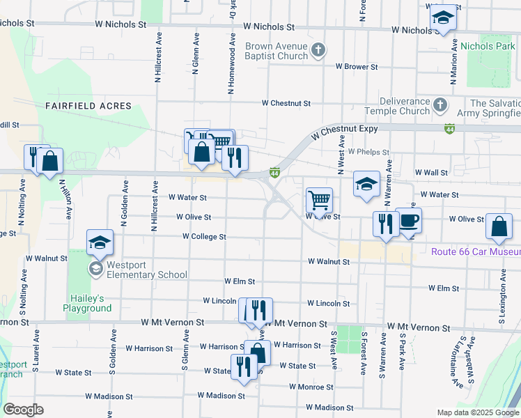 map of restaurants, bars, coffee shops, grocery stores, and more near 2704 West Water Street in Springfield