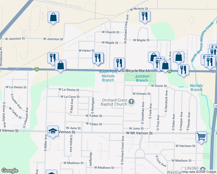 map of restaurants, bars, coffee shops, grocery stores, and more near 300 North Meteor Avenue in Springfield