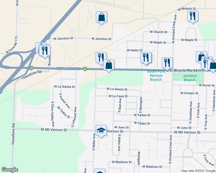 map of restaurants, bars, coffee shops, grocery stores, and more near 4515 West La Siesta Street in Springfield