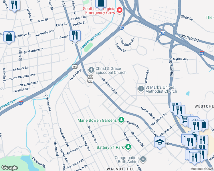 map of restaurants, bars, coffee shops, grocery stores, and more near 1614 Monticello Street in Petersburg