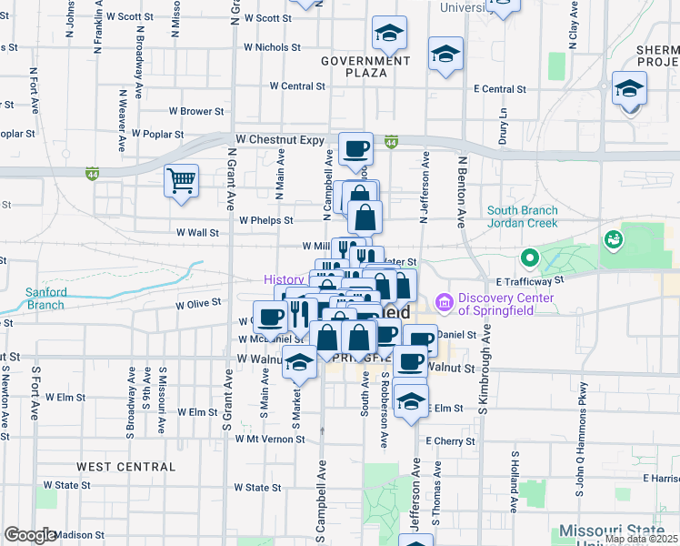 map of restaurants, bars, coffee shops, grocery stores, and more near 323 North Patton Avenue in Springfield