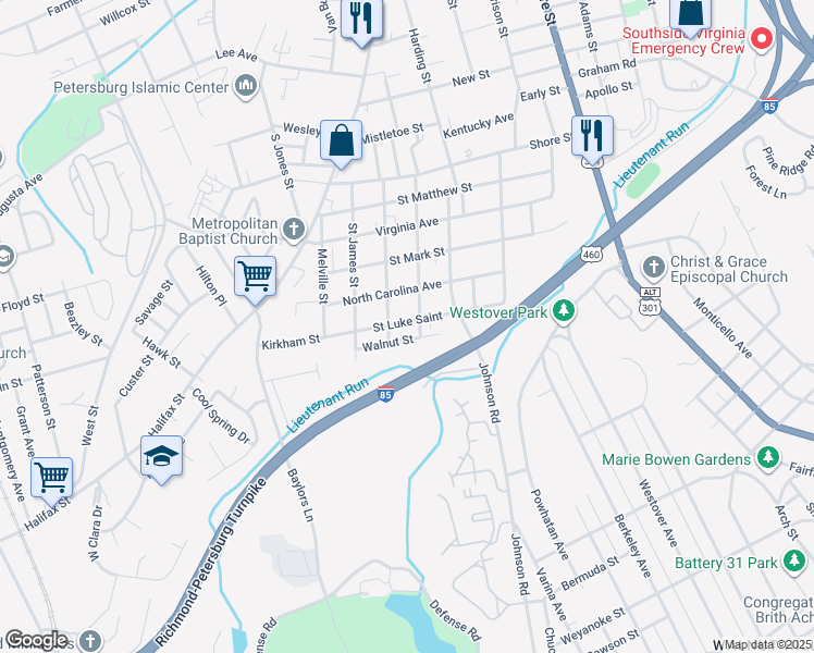 map of restaurants, bars, coffee shops, grocery stores, and more near 414 Saint Luke Street in Petersburg