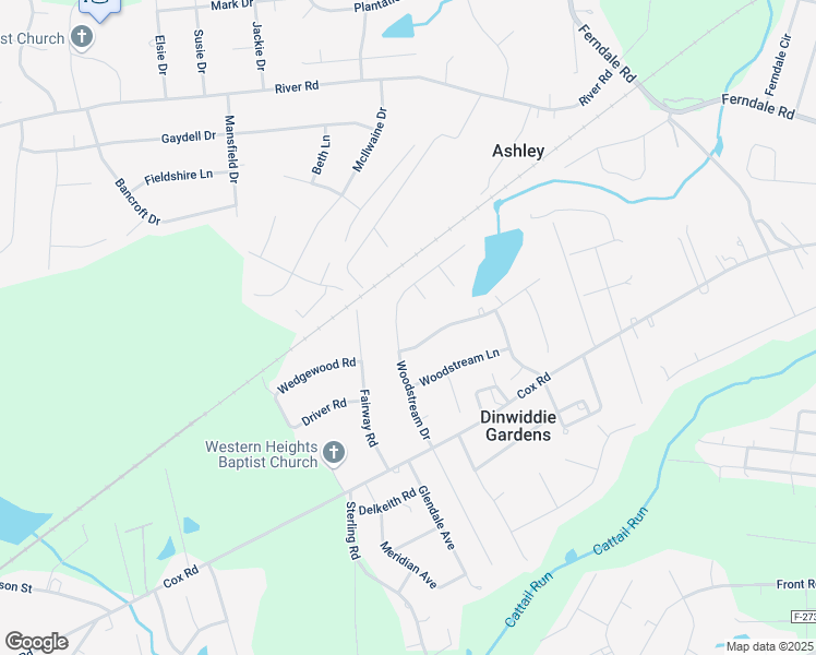 map of restaurants, bars, coffee shops, grocery stores, and more near 4505 Woodstream Drive in Petersburg