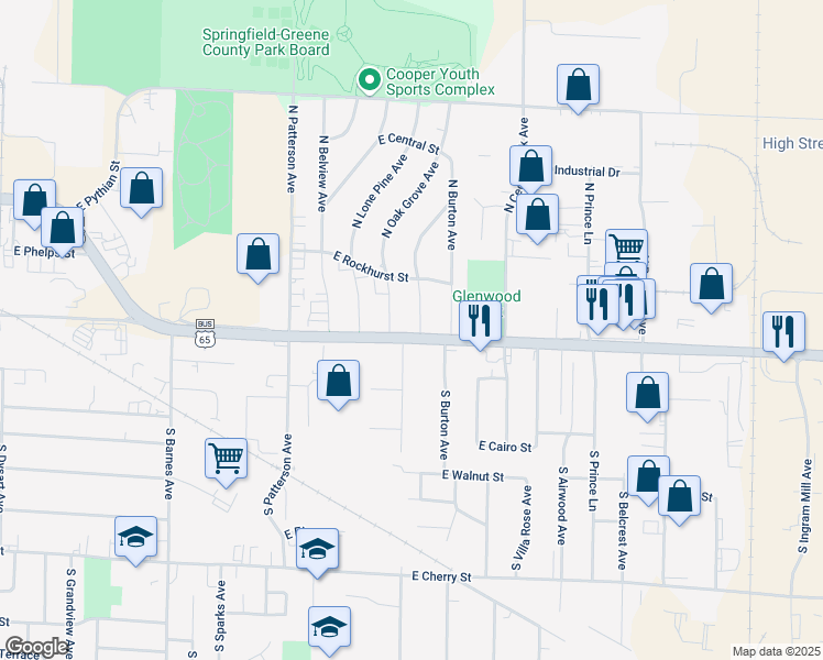 map of restaurants, bars, coffee shops, grocery stores, and more near 403 North Elmwood Avenue in Springfield