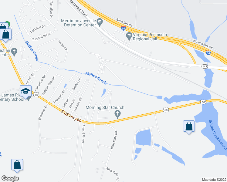 map of restaurants, bars, coffee shops, grocery stores, and more near 1682 Skiffes Creek Circle in Williamsburg