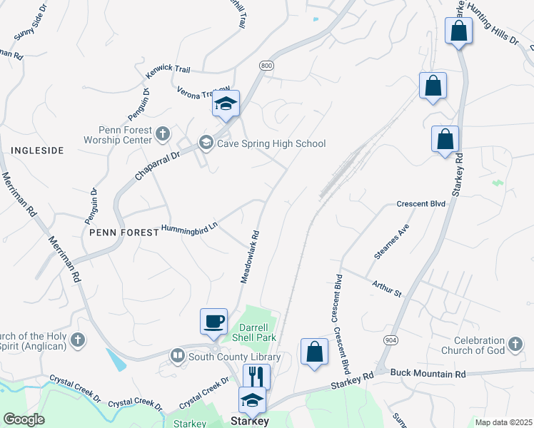 map of restaurants, bars, coffee shops, grocery stores, and more near 3716 Meadowlark Road in Cave Spring