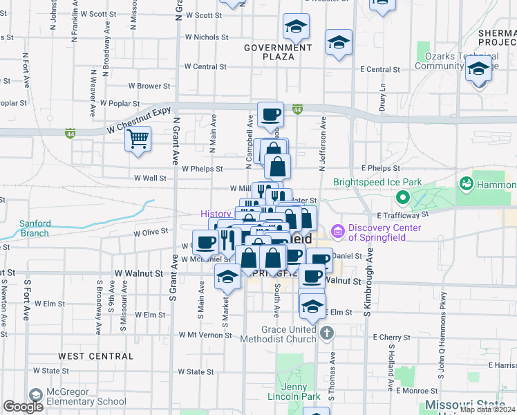 map of restaurants, bars, coffee shops, grocery stores, and more near 323 North Patton Avenue in Springfield
