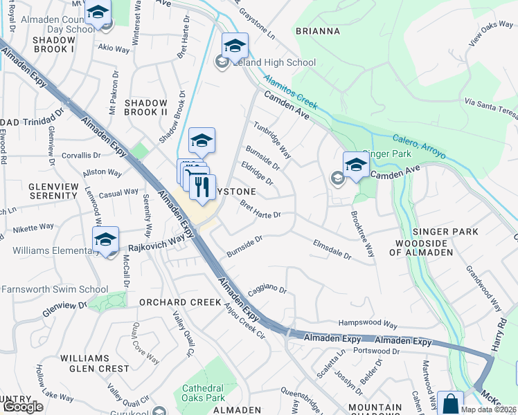 map of restaurants, bars, coffee shops, grocery stores, and more near 6948 Bret Harte Drive in San Jose
