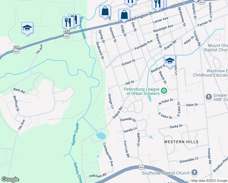 map of restaurants, bars, coffee shops, grocery stores, and more near 422 Spring Street in Petersburg