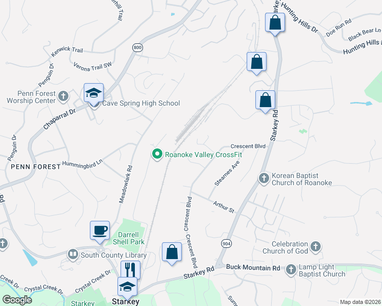 map of restaurants, bars, coffee shops, grocery stores, and more near 5533 Crestwood Drive in Cave Spring