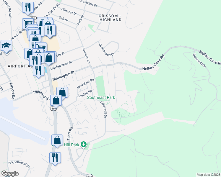 map of restaurants, bars, coffee shops, grocery stores, and more near 1815 Gardenspring Dr in Blacksburg