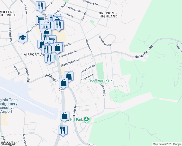 map of restaurants, bars, coffee shops, grocery stores, and more near 311 Loudon Road in Blacksburg