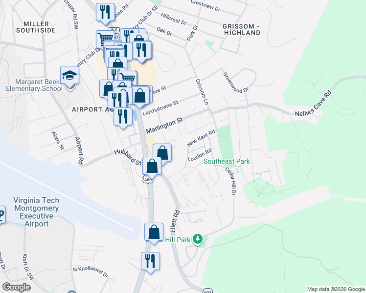 map of restaurants, bars, coffee shops, grocery stores, and more near 330 New Kent Road in Blacksburg