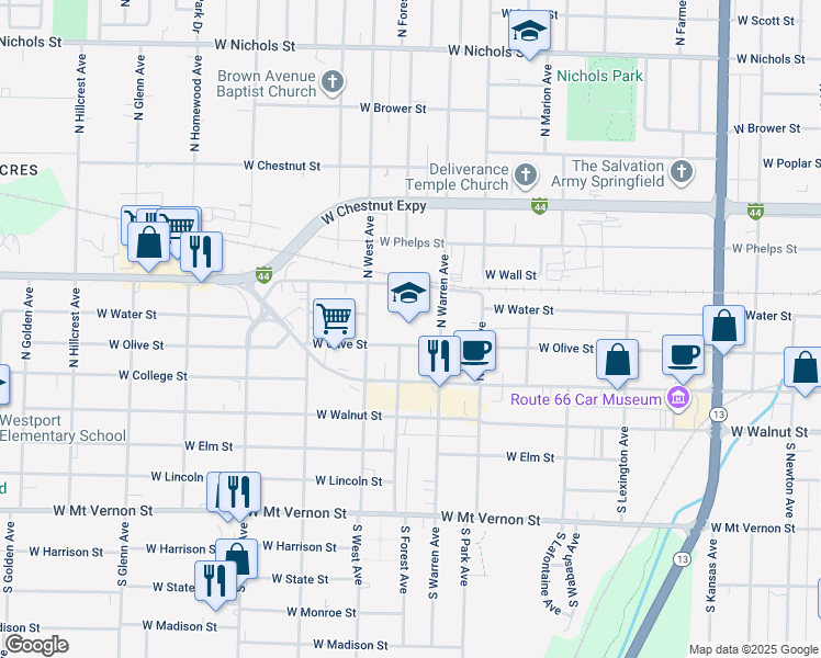 map of restaurants, bars, coffee shops, grocery stores, and more near 2343 West Olive Street in Springfield
