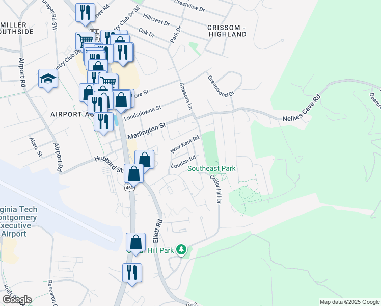 map of restaurants, bars, coffee shops, grocery stores, and more near 311 Loudon Road in Blacksburg