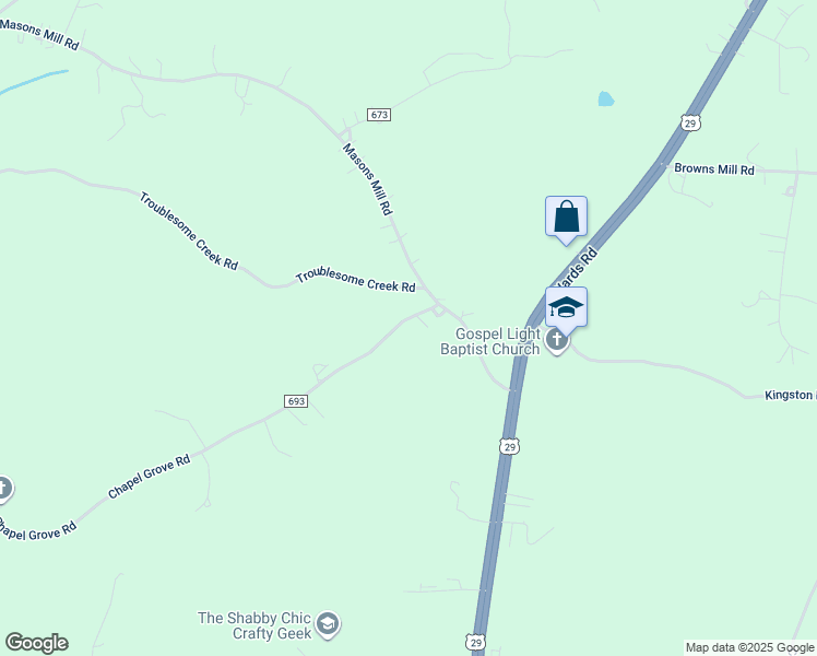 map of restaurants, bars, coffee shops, grocery stores, and more near 2107 Chapel Grove Road in Evington