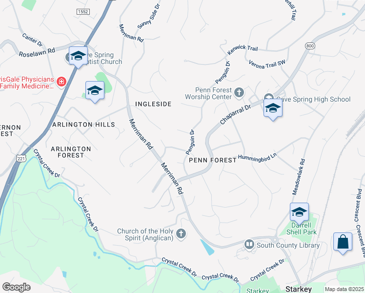 map of restaurants, bars, coffee shops, grocery stores, and more near 4113 White Dove Lane in Cave Spring