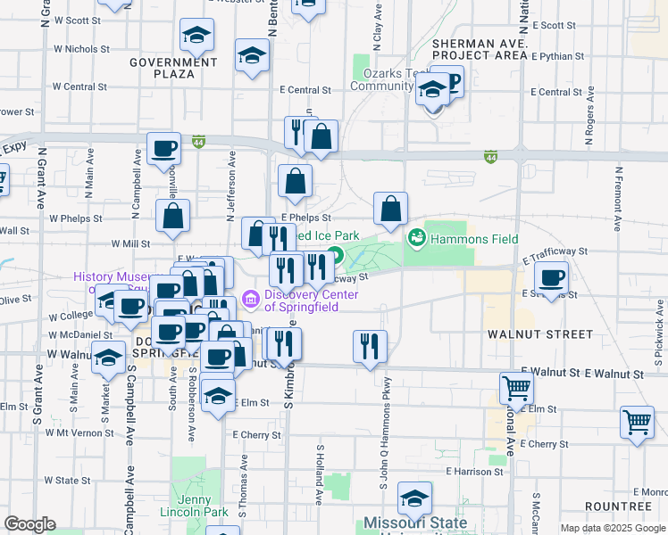 map of restaurants, bars, coffee shops, grocery stores, and more near 635 East Trafficway Street in Springfield