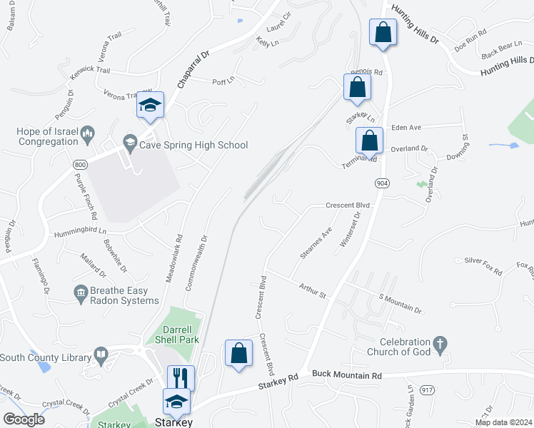 map of restaurants, bars, coffee shops, grocery stores, and more near 5533 Crestwood Drive in Cave Spring