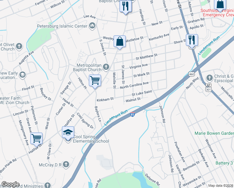 map of restaurants, bars, coffee shops, grocery stores, and more near 1215 Melville Street in Petersburg