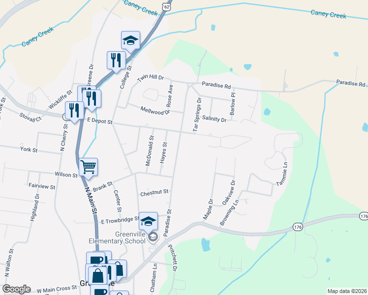 map of restaurants, bars, coffee shops, grocery stores, and more near 400-498 Paradise Street in Greenville