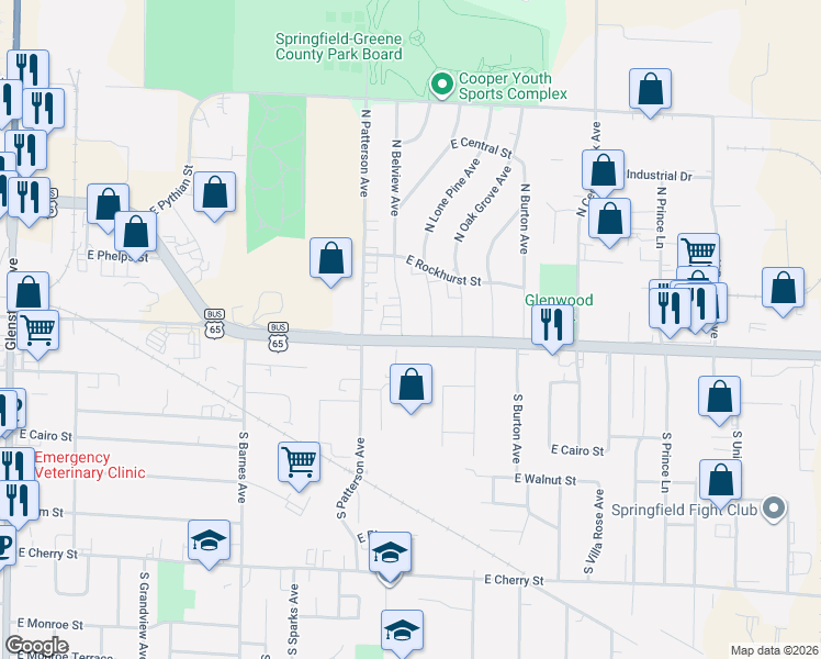 map of restaurants, bars, coffee shops, grocery stores, and more near 410 N Belview Ave in Springfield