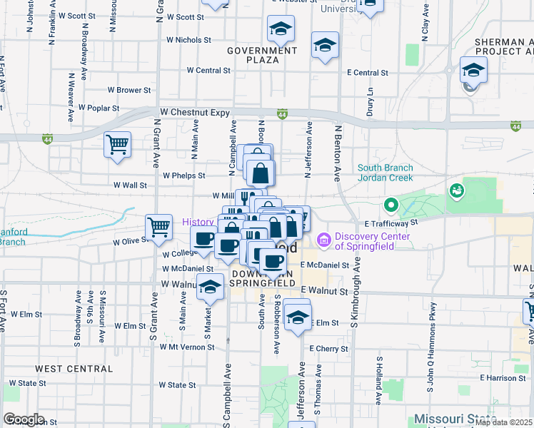 map of restaurants, bars, coffee shops, grocery stores, and more near 326 North Boonville Avenue in Springfield