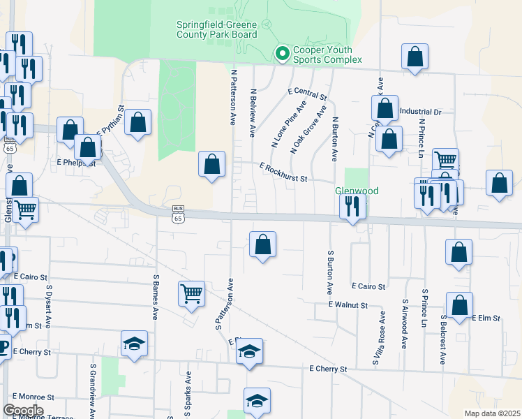 map of restaurants, bars, coffee shops, grocery stores, and more near 410 North Belview Avenue in Springfield