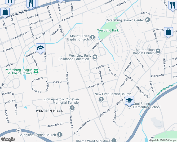map of restaurants, bars, coffee shops, grocery stores, and more near 1508 Floyd Street in Petersburg
