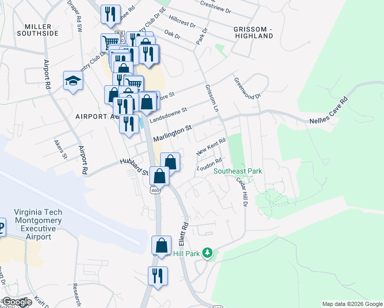 map of restaurants, bars, coffee shops, grocery stores, and more near 330 New Kent Road in Blacksburg