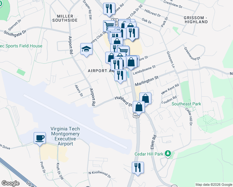 map of restaurants, bars, coffee shops, grocery stores, and more near 246-298 Hubbard St in Blacksburg