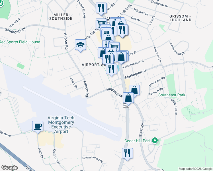 map of restaurants, bars, coffee shops, grocery stores, and more near 246-298 Hubbard St in Blacksburg