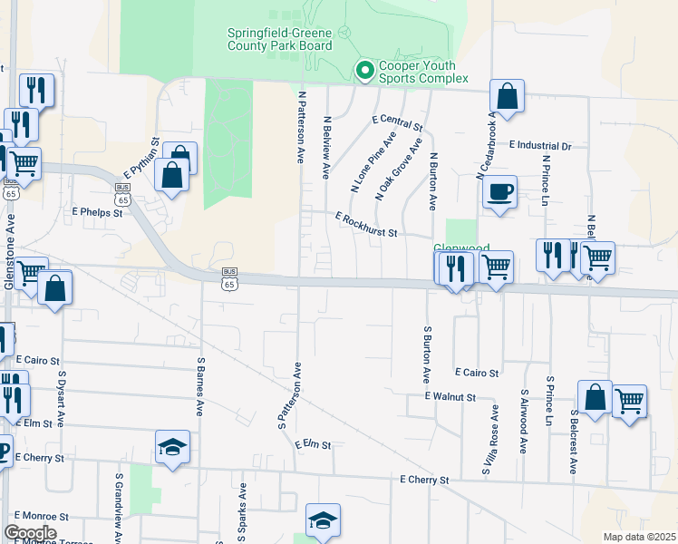 map of restaurants, bars, coffee shops, grocery stores, and more near 410 N Belview Ave in Springfield