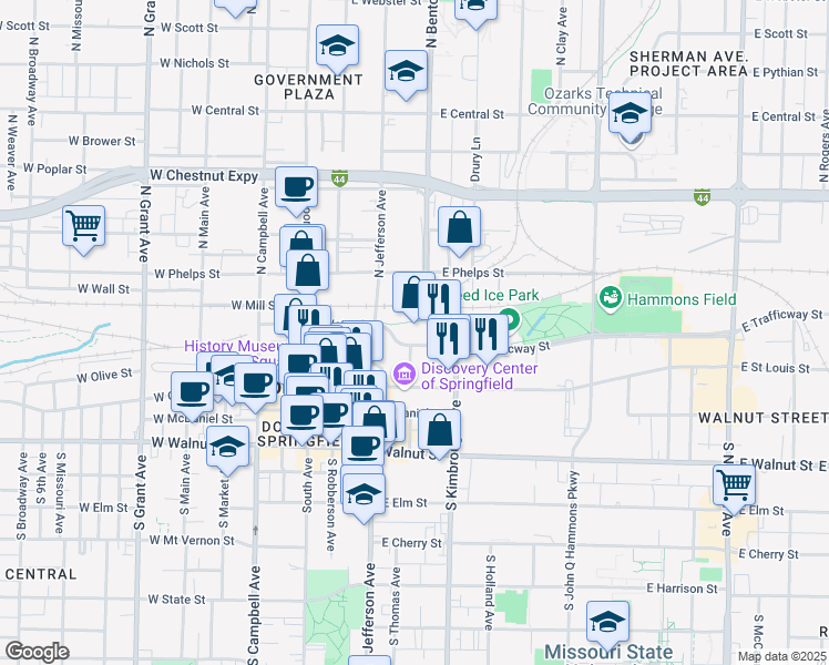 map of restaurants, bars, coffee shops, grocery stores, and more near 505 E Trafficway St in Springfield