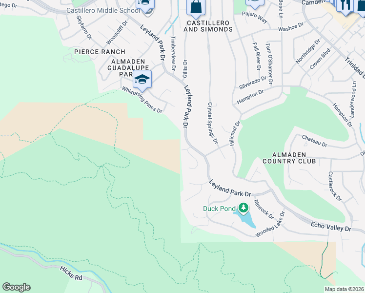 map of restaurants, bars, coffee shops, grocery stores, and more near 1351 Hidden Mine Road in San Jose