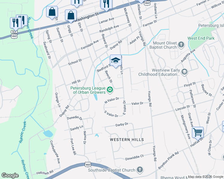 map of restaurants, bars, coffee shops, grocery stores, and more near 525 Elm Street in Petersburg