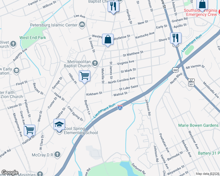 map of restaurants, bars, coffee shops, grocery stores, and more near 1215 Melville Street in Petersburg