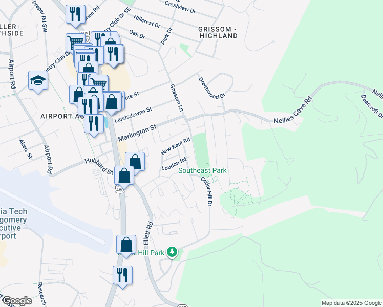 map of restaurants, bars, coffee shops, grocery stores, and more near 1823 Sussex Road in Blacksburg