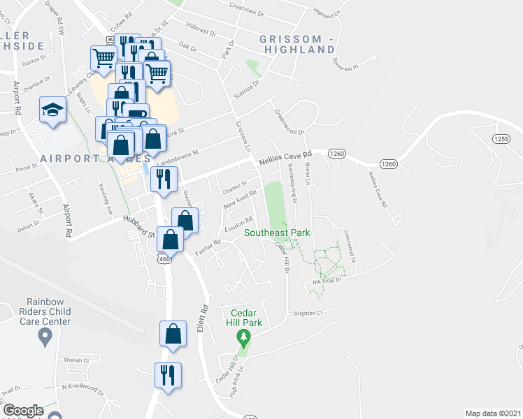 map of restaurants, bars, coffee shops, grocery stores, and more near 1823 Sussex Road in Blacksburg