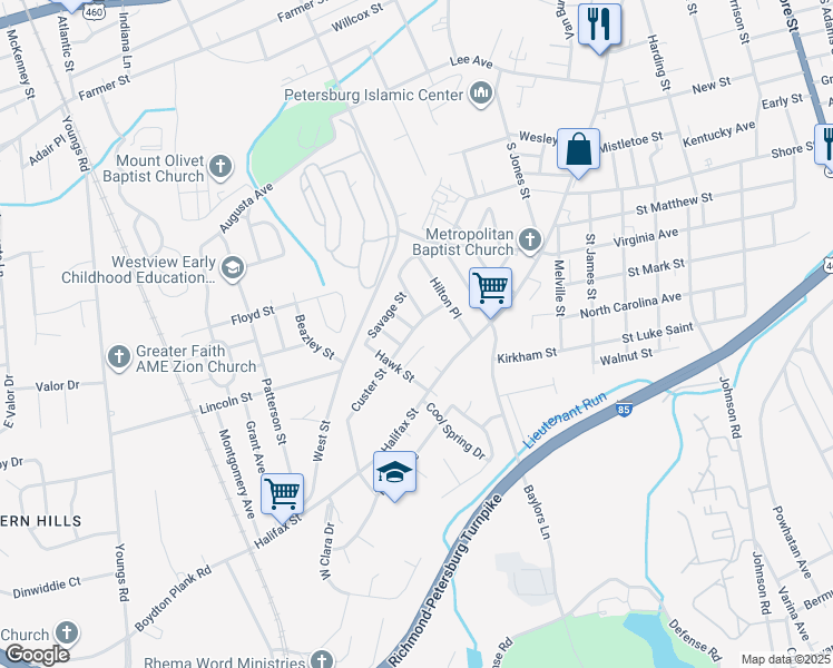 map of restaurants, bars, coffee shops, grocery stores, and more near 1101 Custer Street in Petersburg