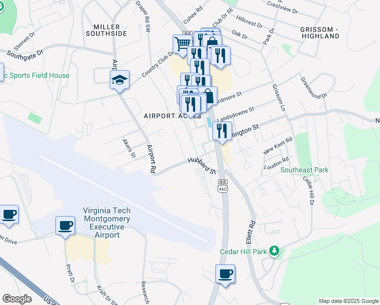 map of restaurants, bars, coffee shops, grocery stores, and more near 246-298 Hubbard St in Blacksburg