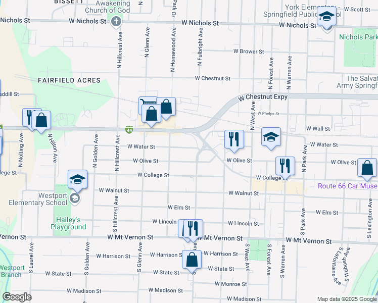 map of restaurants, bars, coffee shops, grocery stores, and more near 2704 West Water Street in Springfield