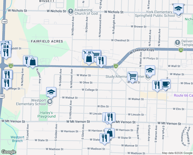 map of restaurants, bars, coffee shops, grocery stores, and more near 325 North Homewood Avenue in Springfield