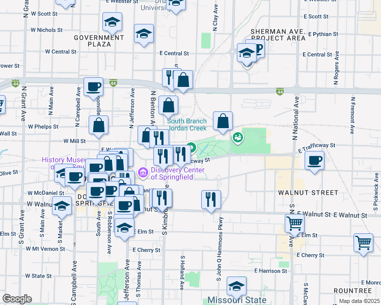 map of restaurants, bars, coffee shops, grocery stores, and more near 635 East Trafficway Street in Springfield